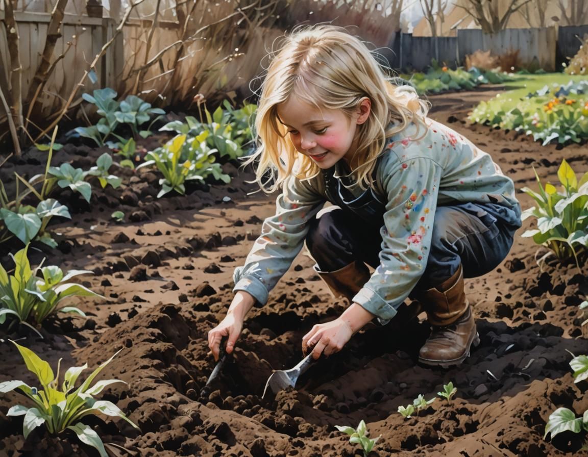 Girl Gardening: Impressionist Watercolor Painting in Gouache...