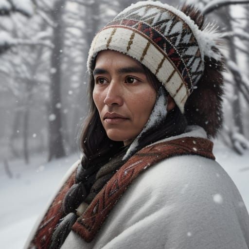 Mapuche Woman in Winter Garb, Oil Painting Style