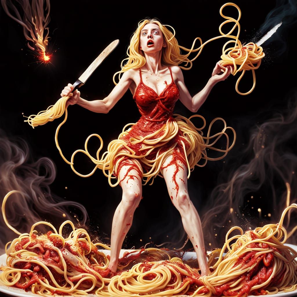 Betty Fights Spaghetti Demons with Machete in Surreal Oil Pa...