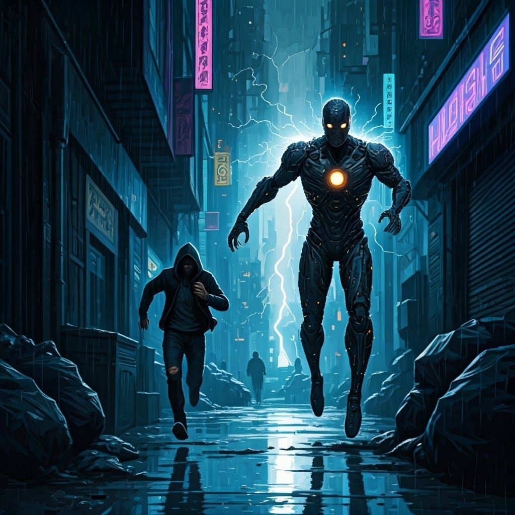 Cybernetic Hero Pursues Criminal in Futuristic Cityscape