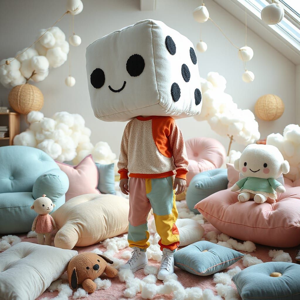 Plush Dice Head Man in Dreamlike Soft Environment