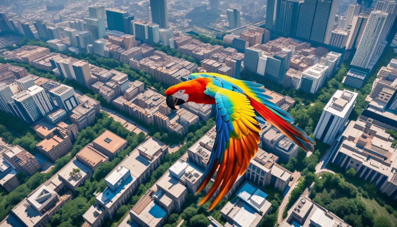 Macaw Bird Flight Over Cityscape