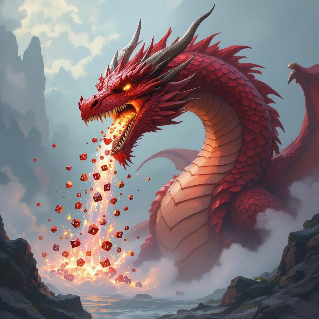 Red Dragon Spews Waterfall of Dice: Fantasy Art