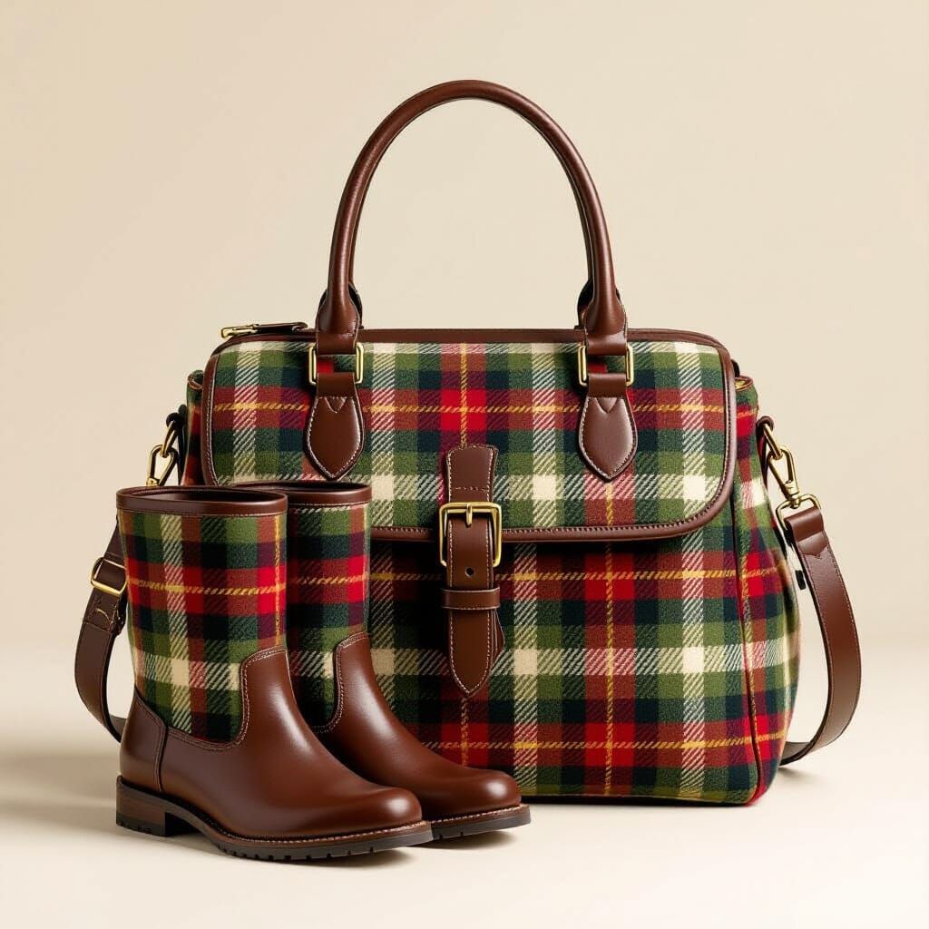 Stylish Plaid Tweed Bag and Boots Set