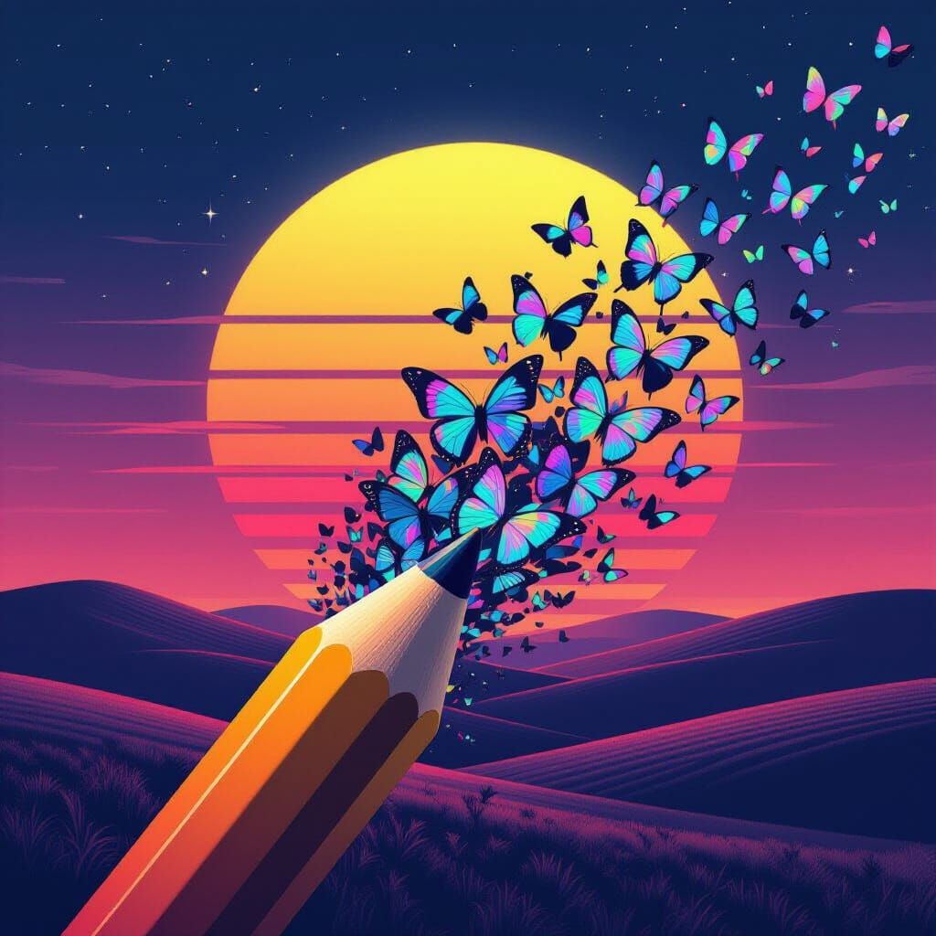 Butterflies Emerge From Giant Pencil Shavings in Synthwave S...