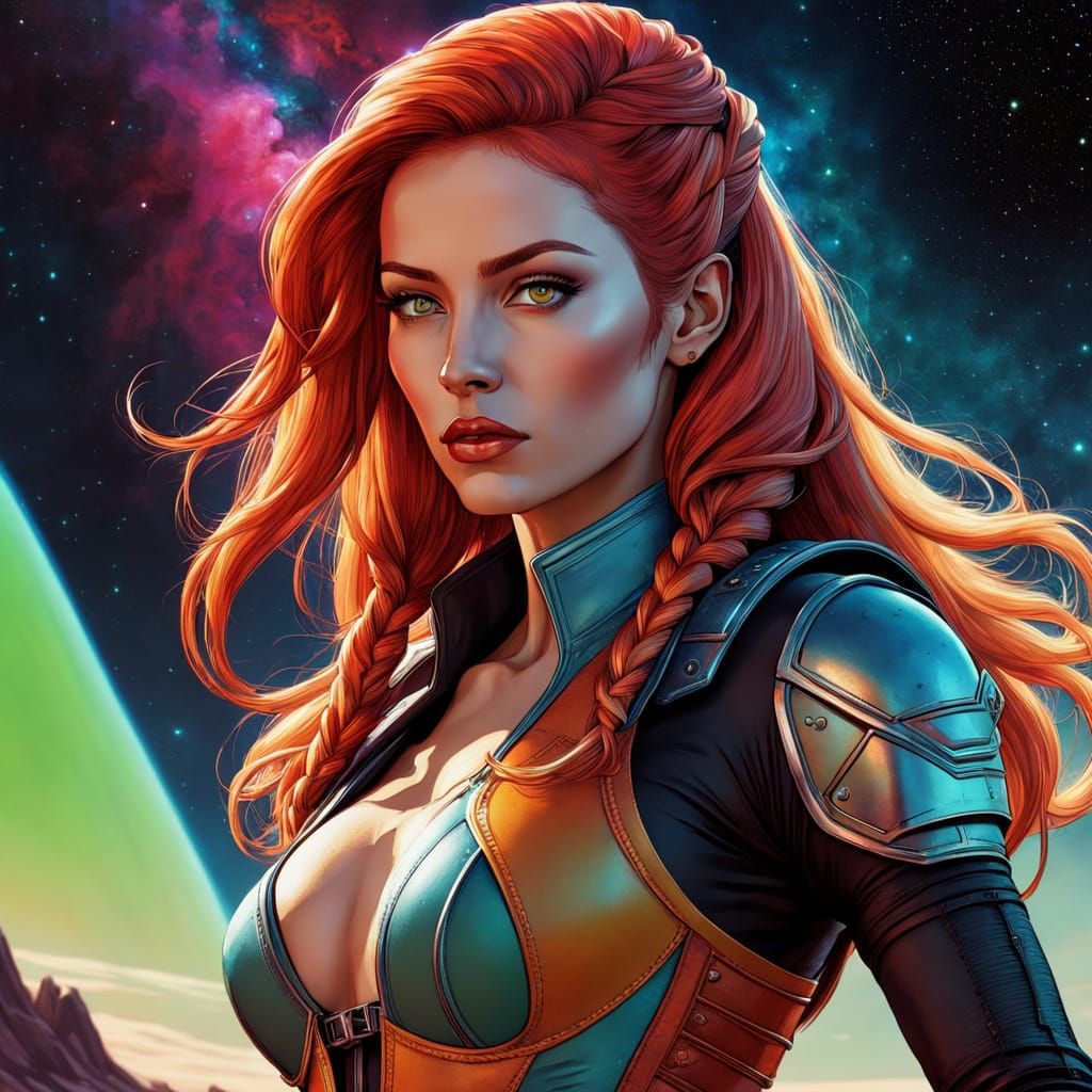 Glowing Space Warrior Goddess in Neon Armor