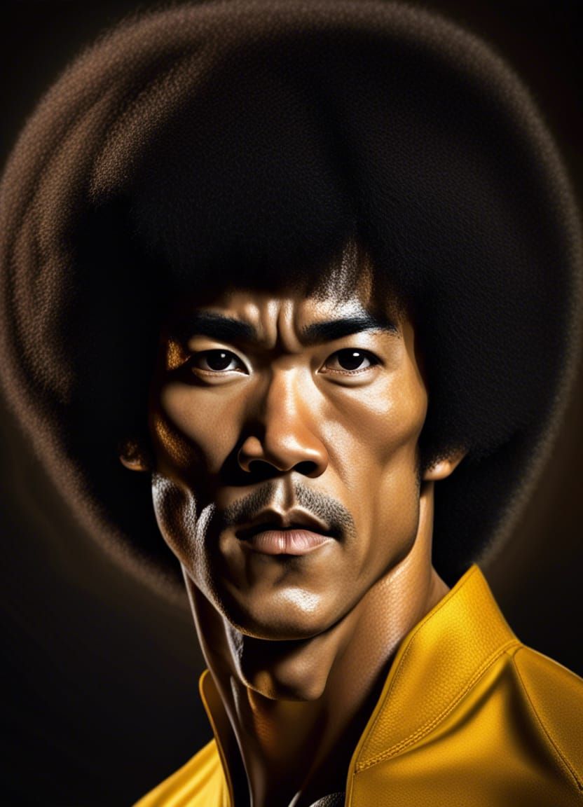 Hyperrealistic Afro Haired Bruce Lee Portrait in 8K