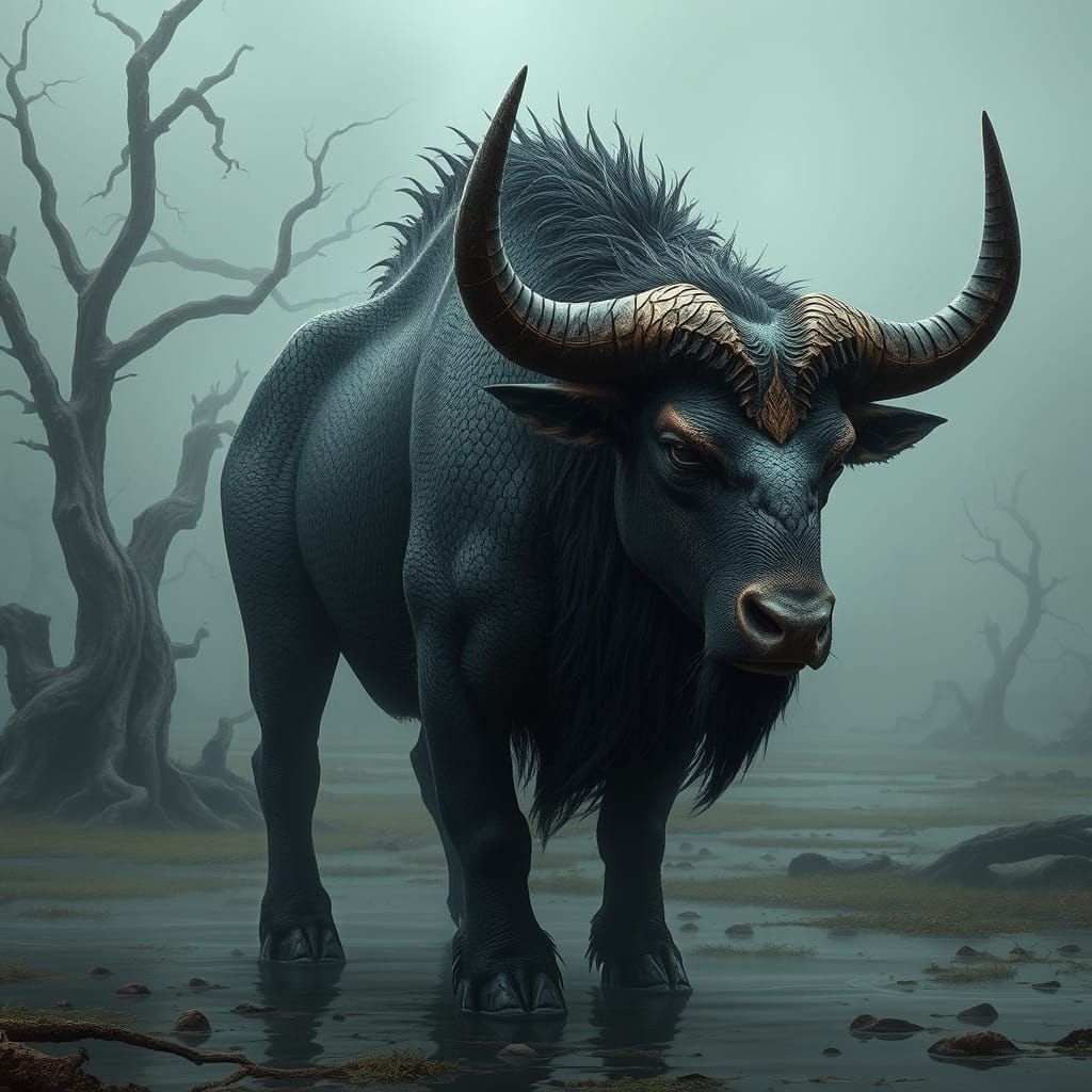 Photorealistic Basilisk-Bison Hybrid in Misty Swamp