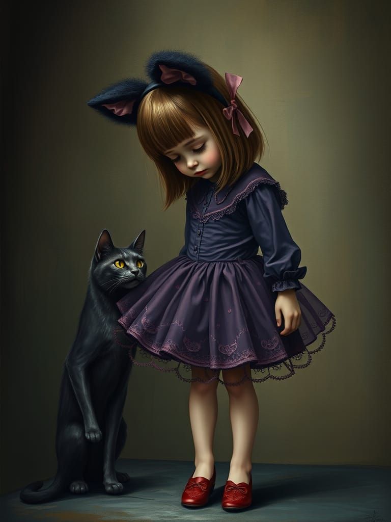 Whimsical Gothic Girl in Haunting Digital Surrealist Oil Pai...