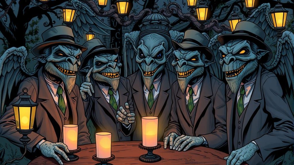 Gargoyle Garden Party in Comic Book Art Style