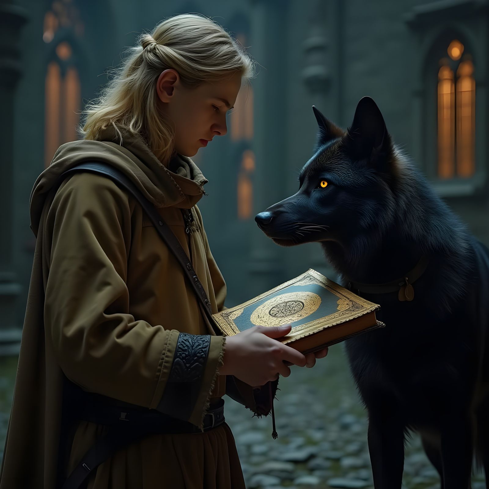 Young Man Contemplates Dark Magic in Gothic Cathedral