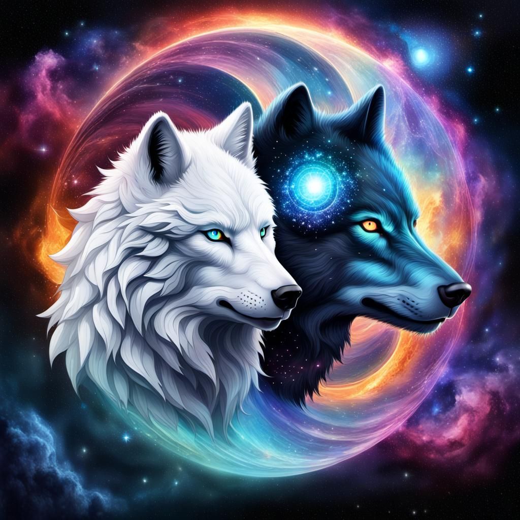 Yin Yang: White and Black Wolves in Iridescent Realm