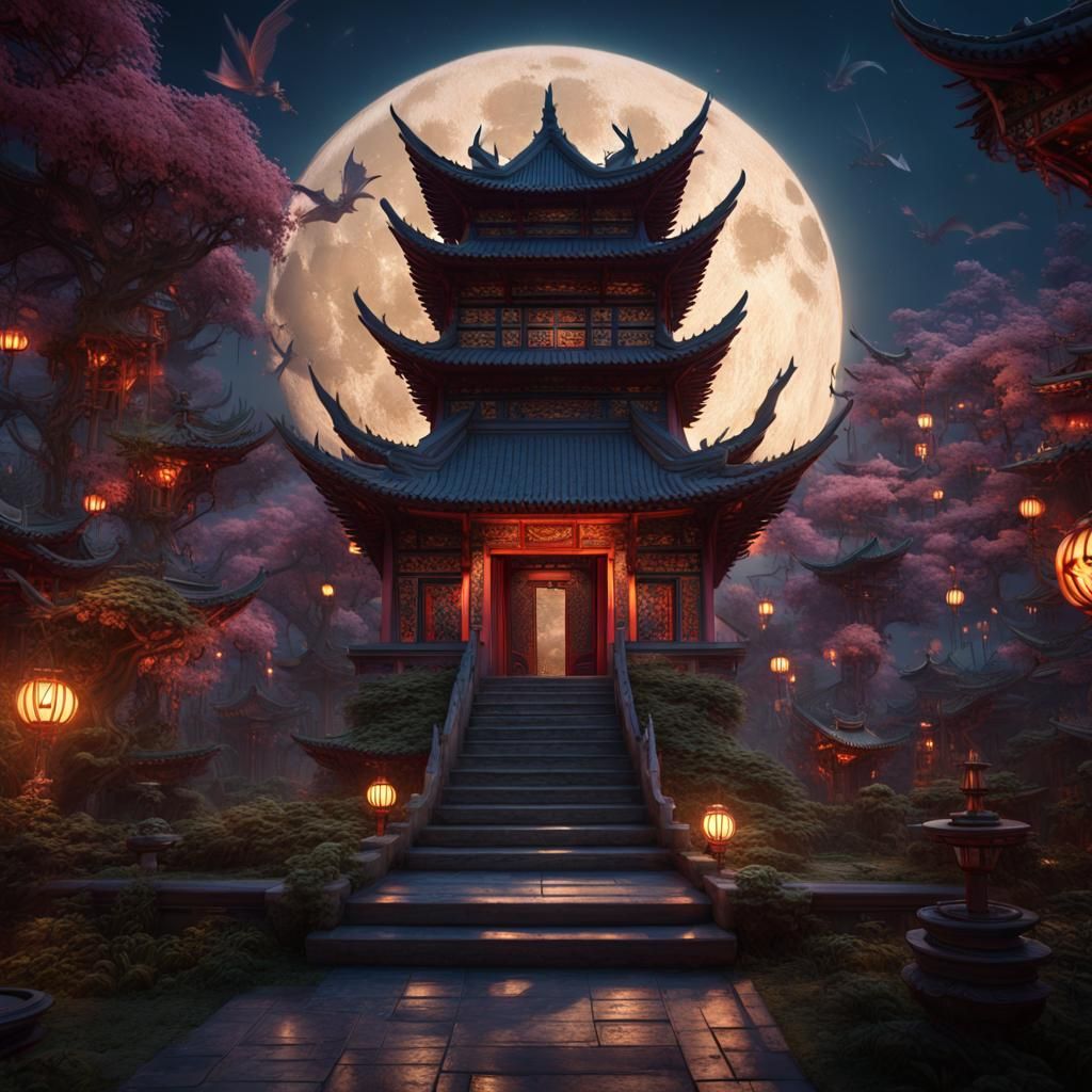 Midnight Garden with Moon Dragons, Detailed Fantasy Art