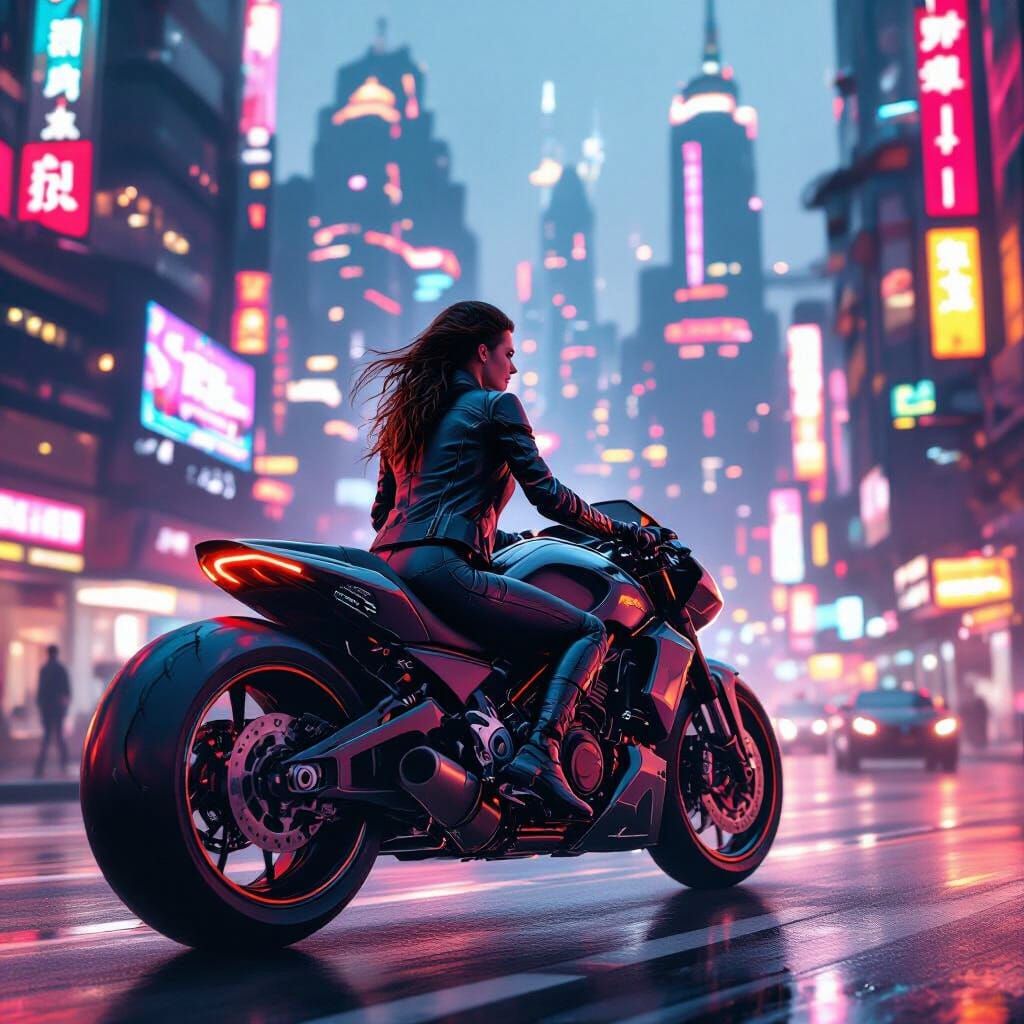 Cyberpunk Woman Rides Through Neon Cityscape