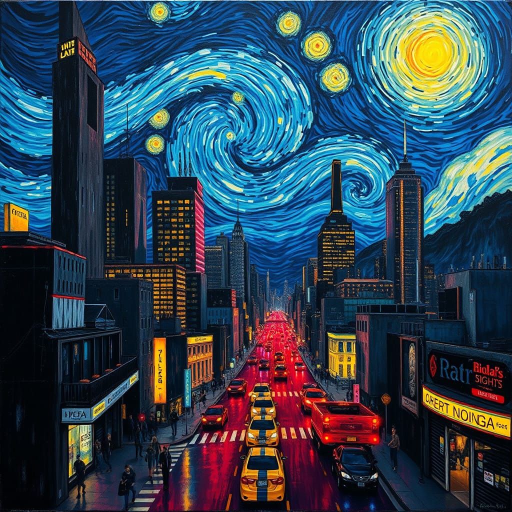 Dystopian Cityscape in Neon Oil Painting Style