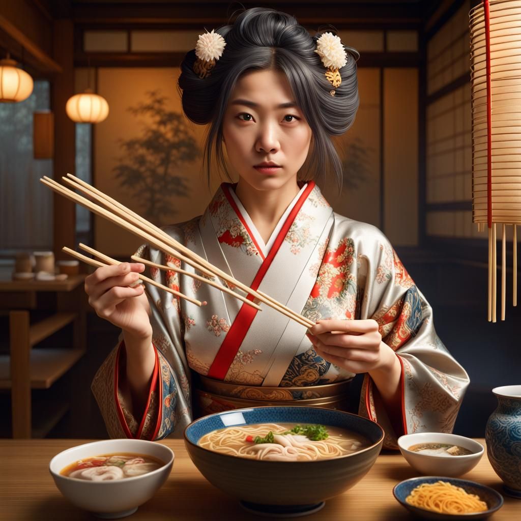 Japanese Woman Enjoys Ramen in Cyberpunk Style