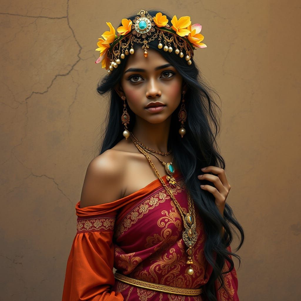 Mystical Indian Woman in Amber and Gold Fantasy Art