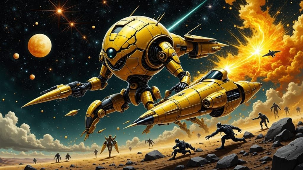 Astral Mecha Robot with Kintsugi Cracks and Gold Armor