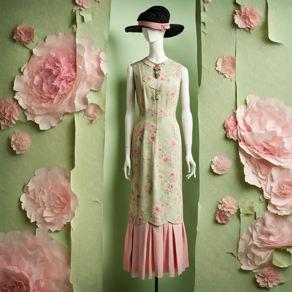 Ripped Paper Collage : 1920's Long Layered Day Dress : Floral Vintage Paper : Light Green and Pink : Detailed View : Wid...