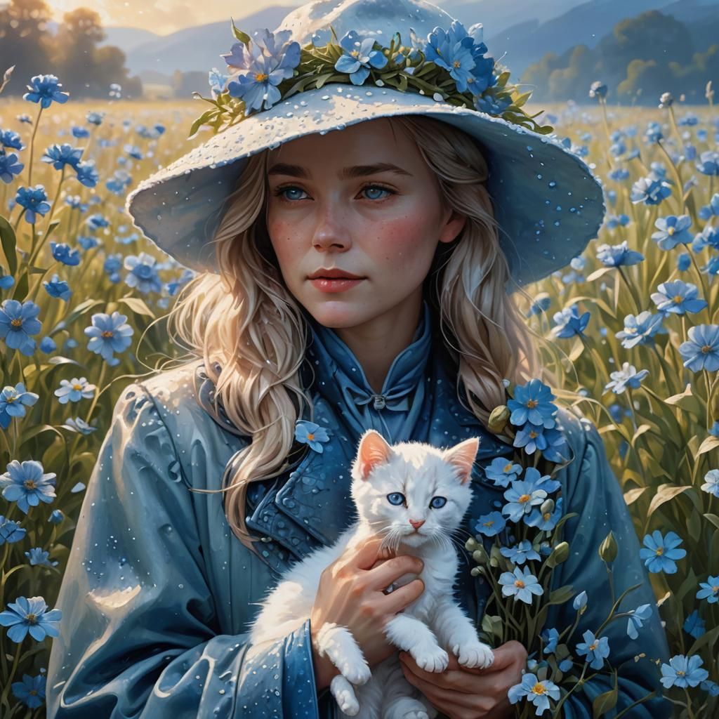 Lady with Kitten in Blue Flower Field