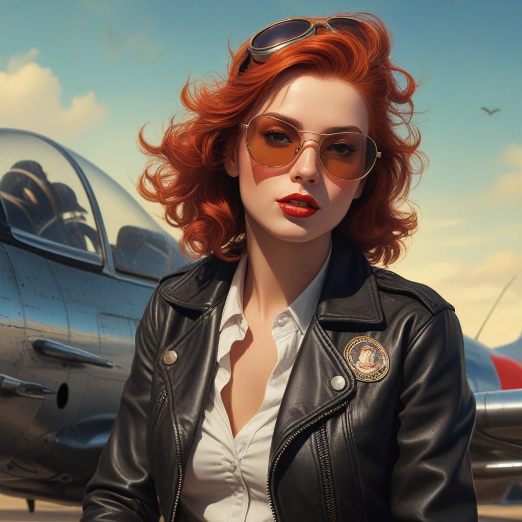 Vintage Pin-Up Girl on P-51 Mustang at Golden Hour