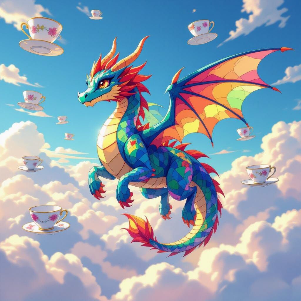 Stained Glass Dragon Soars Among Teacups in Psychedelic Sky