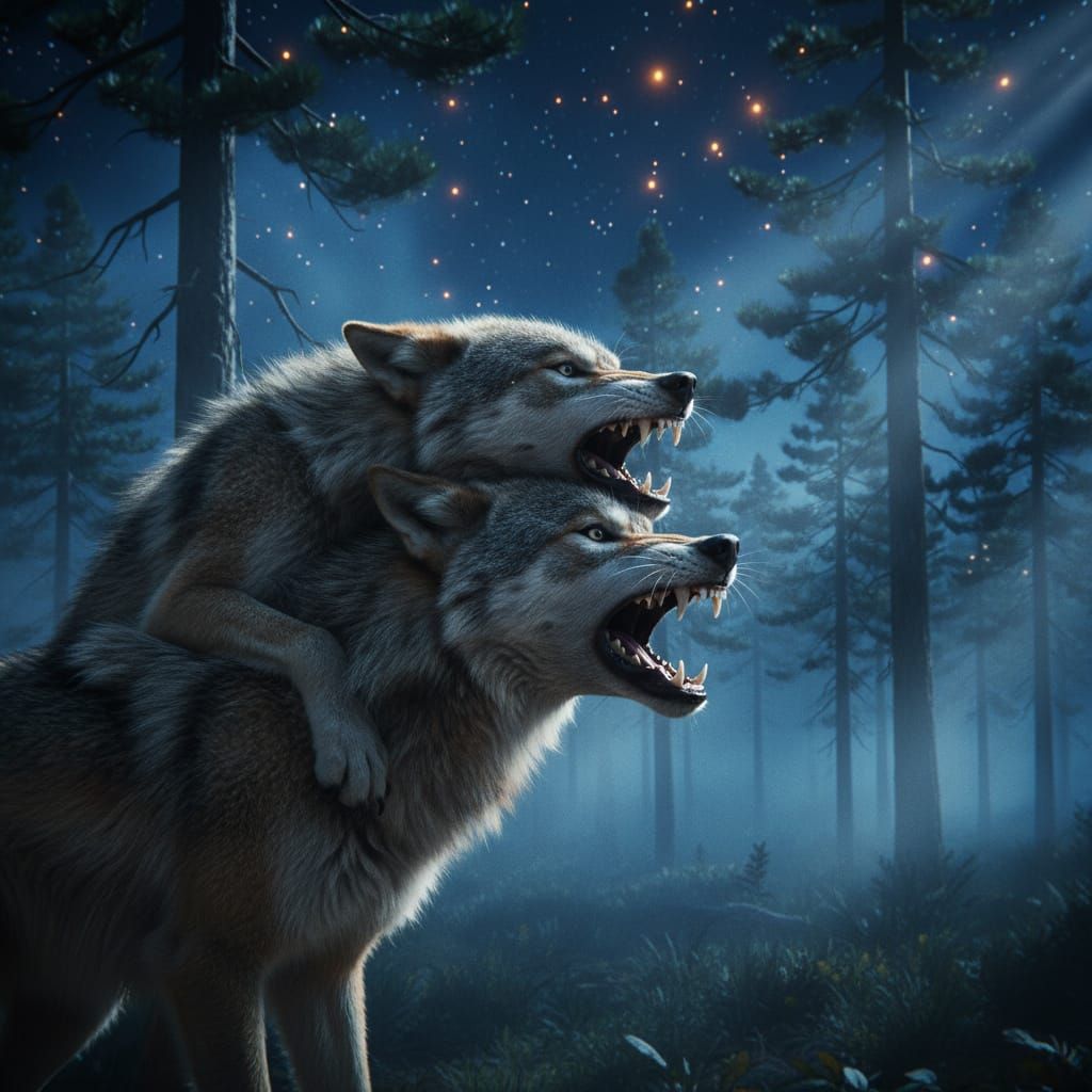 Protective She-Wolf Guards Mate in Moonlit Forest