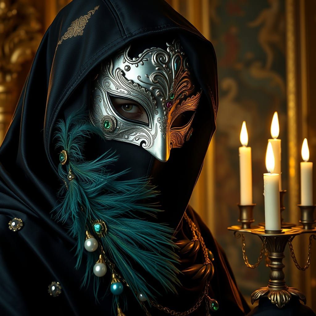 Mysterious Figure in Black Silk Cloak, Adorned with Gemstone...
