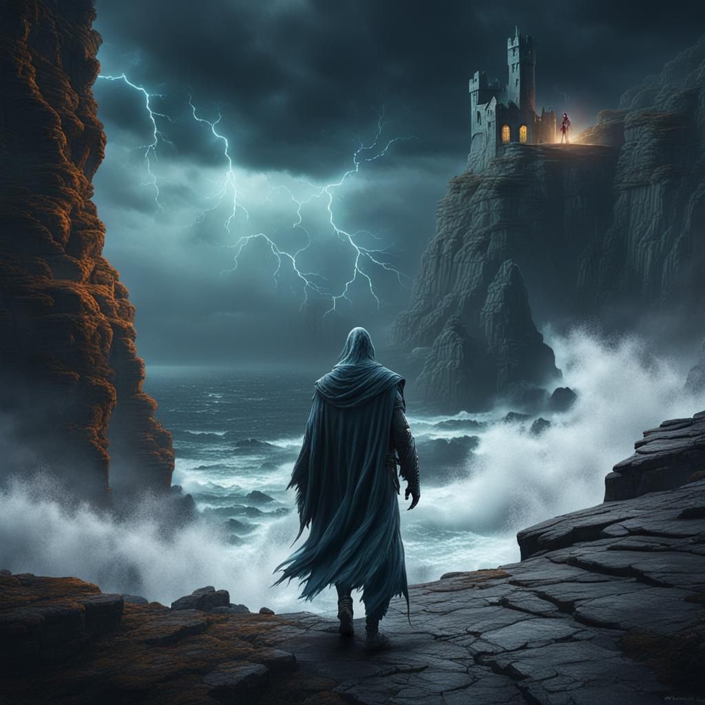 Ghostly figure walks the cliffs in a storm