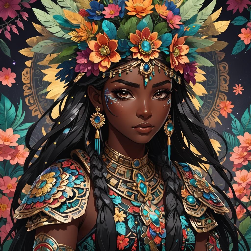 Latina Anime Girl with Obsidian Sword in Mayan Style