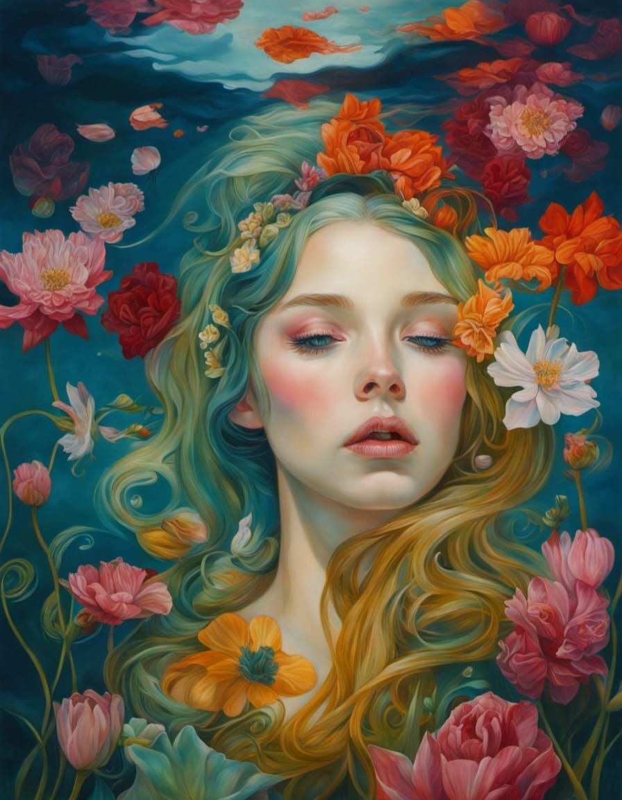 Ophelia in Water with Flowers, Hyperdetailed Art