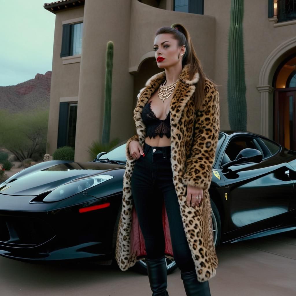 Woman in Leopard Coat by Ferrari, Cinematic Style