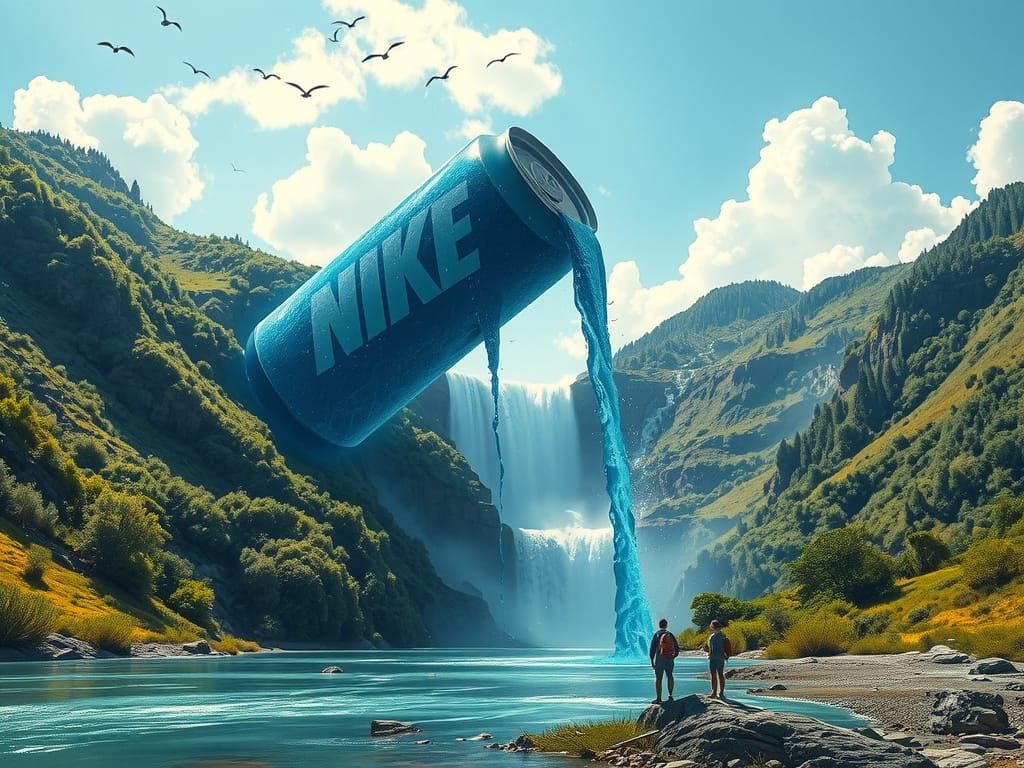 Surreal Landscape with Giant Nike Can Waterfall