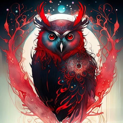 Striking Black and Red Owl in Ink Flow Art
