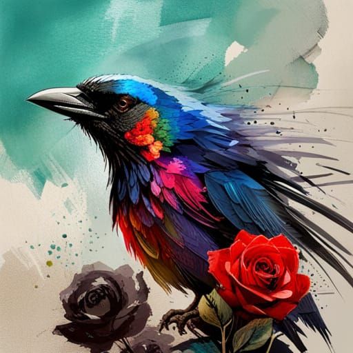 Crow and Roses Digital Illustration in Comic Style