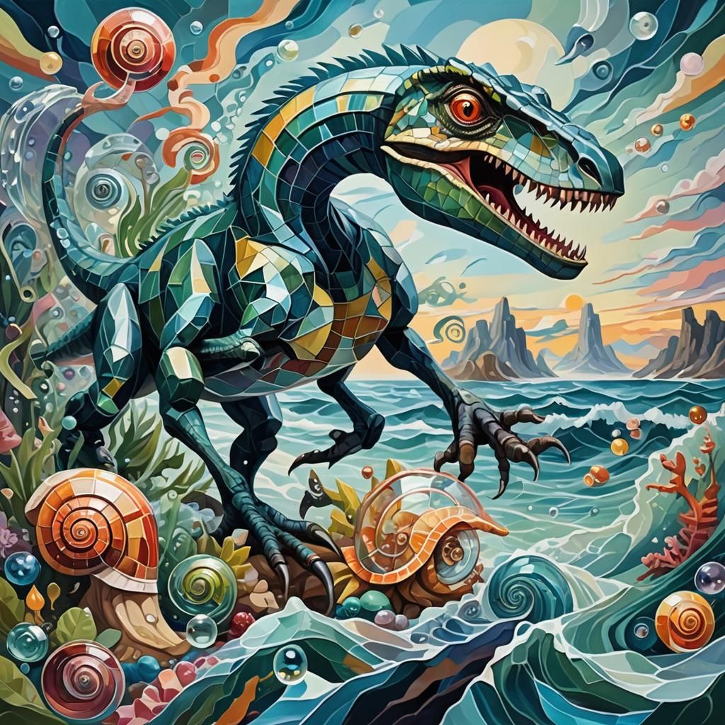 Surreal Cubist Velociraptor Fights Glass Snail