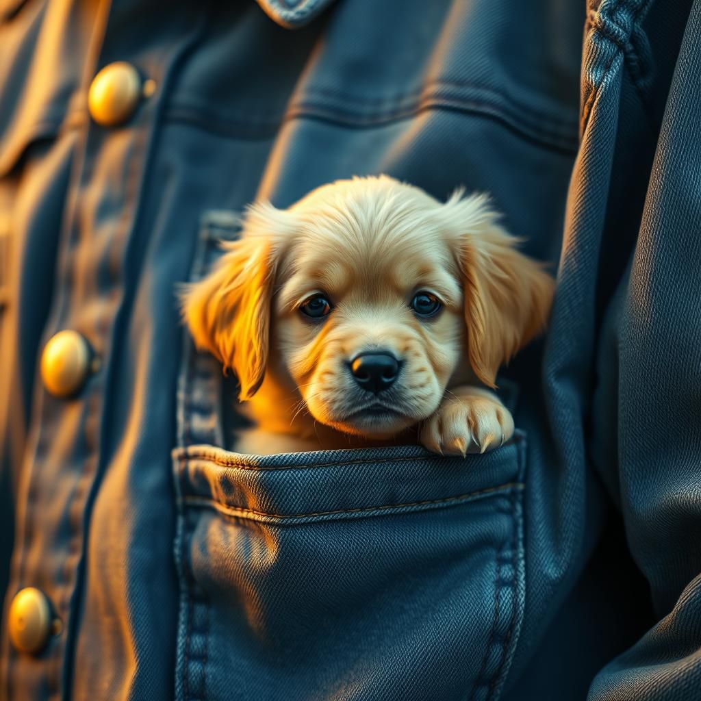 Golden Retriever Puppy Peeking from Denim Pocket