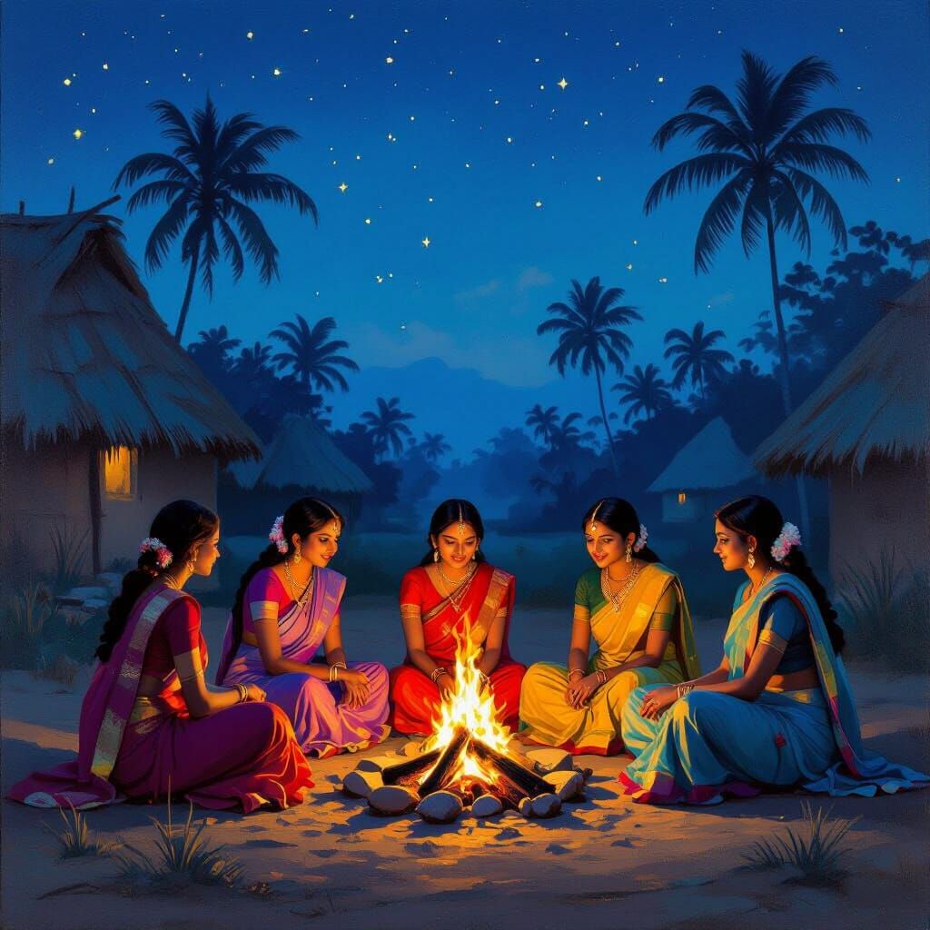Indian Women Gather Around Fire in Village Twilight