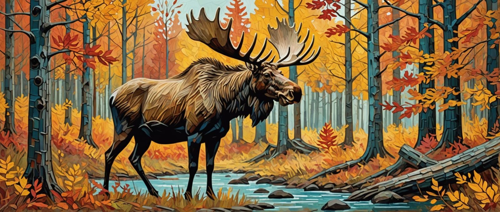 Moose in Autumn Forest: Vintage Impasto Painting