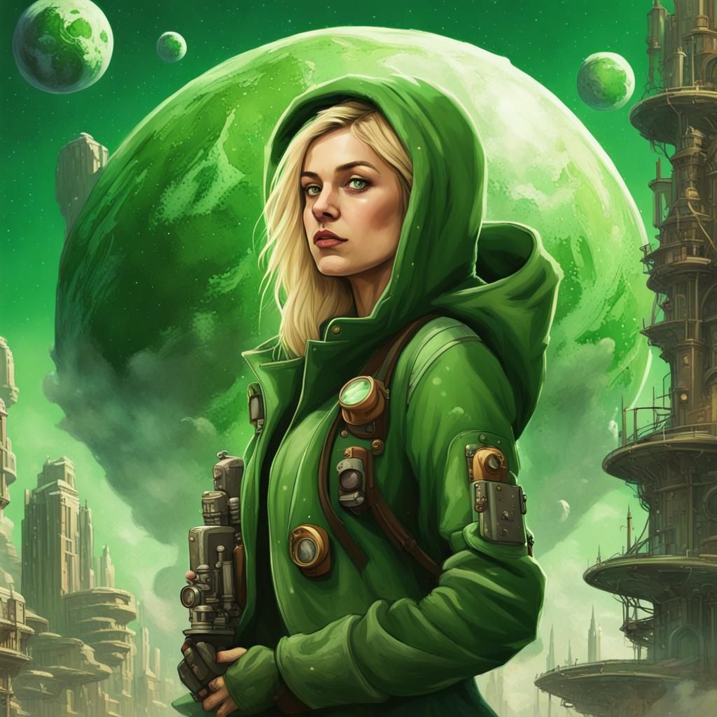 Steampunk Teenager Hugging Green Asteroid in Green City