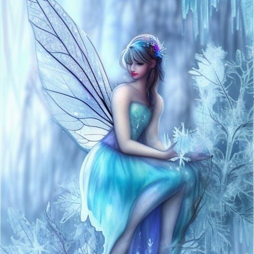 Icy Fairy with Frozen Leaves in Watercolor Style