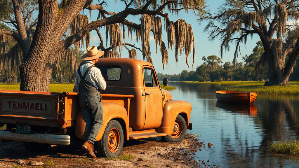 Weathered Truck on Louisiana Bayou in Surrealist Americana