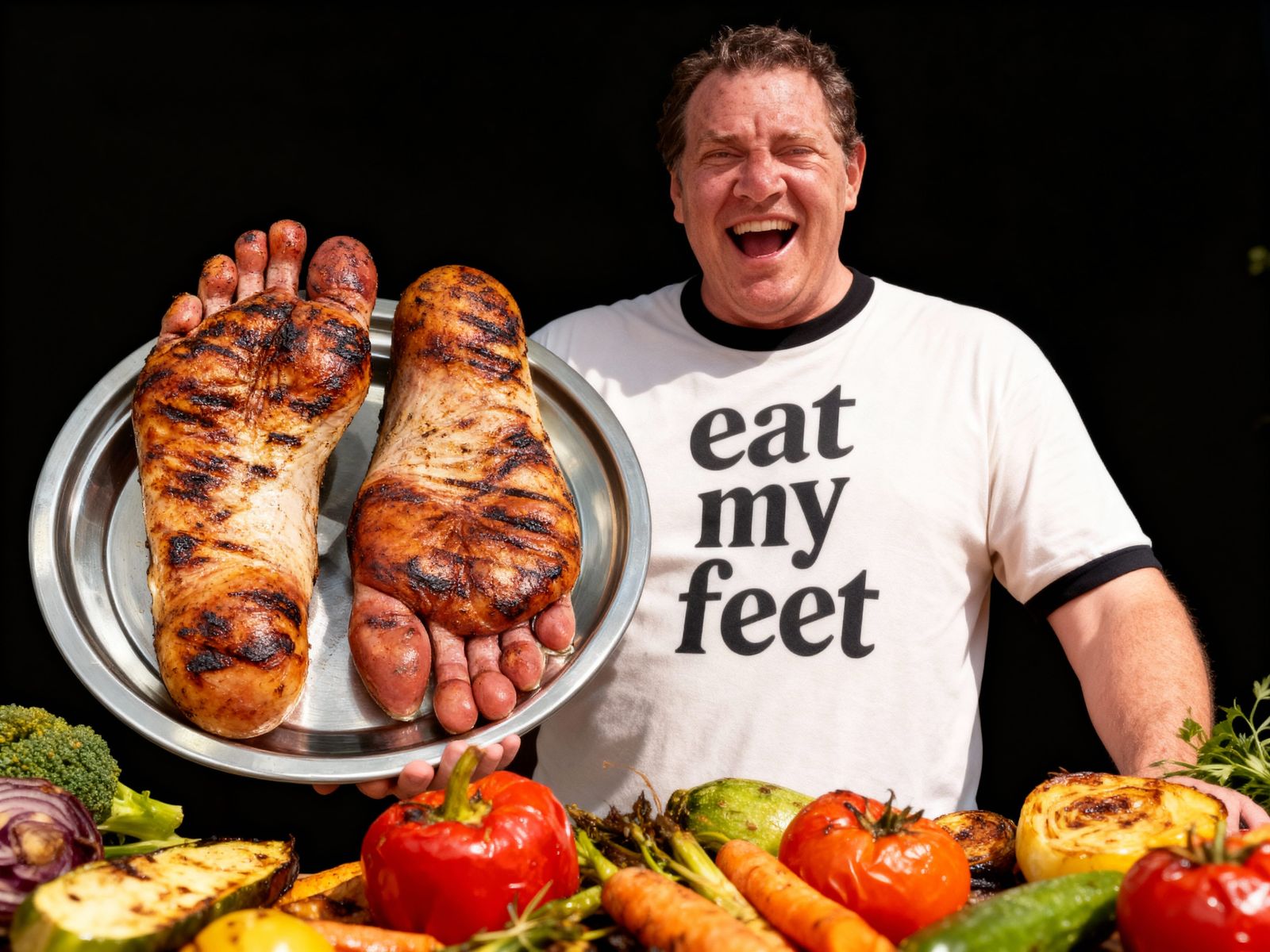 Man Laughs Holding Platter of Grilled Soles with Roasted Veg...