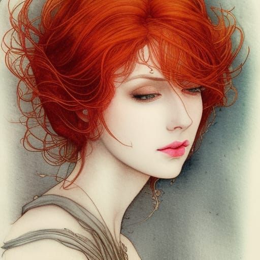 Red-Haired Woman with Flowers in Watercolor Style