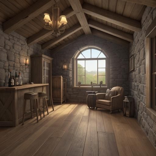 Atmospheric Winehouse Interior with Oak Barrels as 3D Art