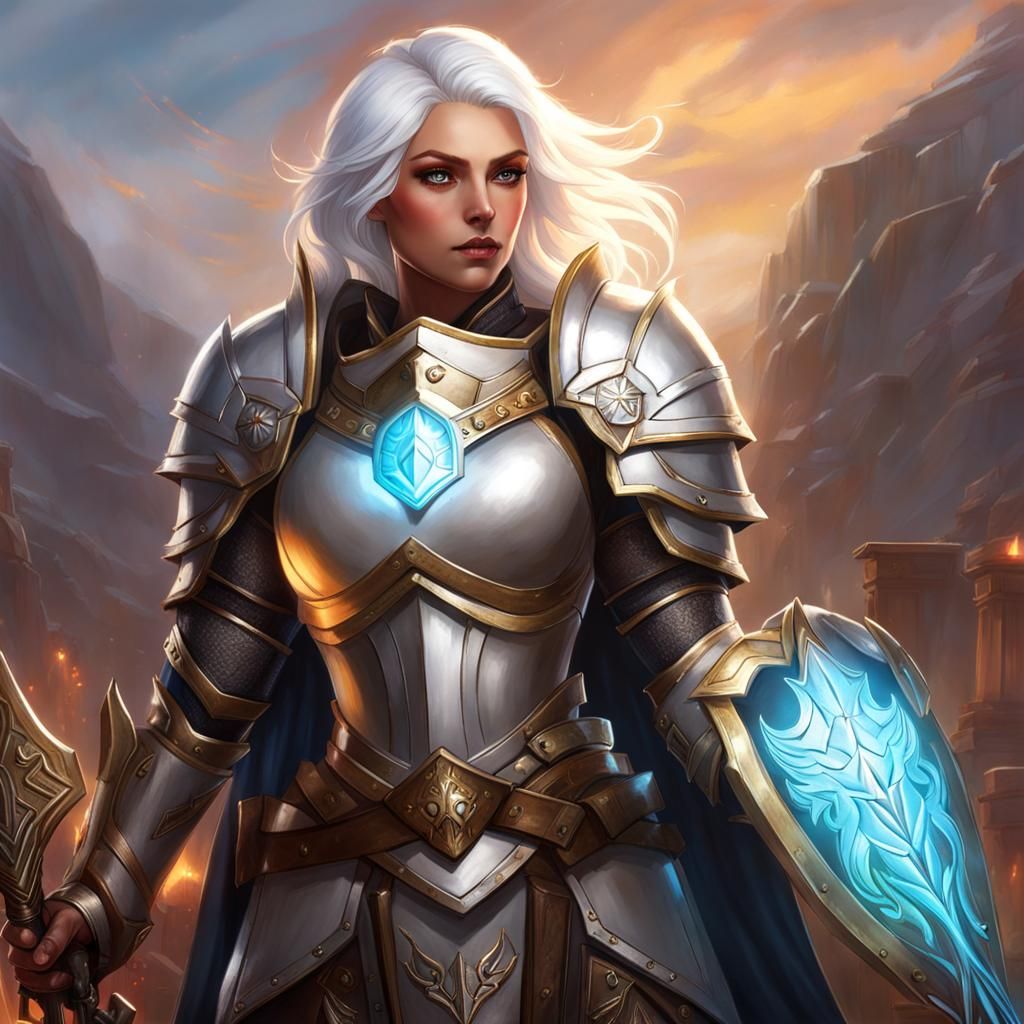 Aasimar Paladin with Glowing Eyes and White Hair