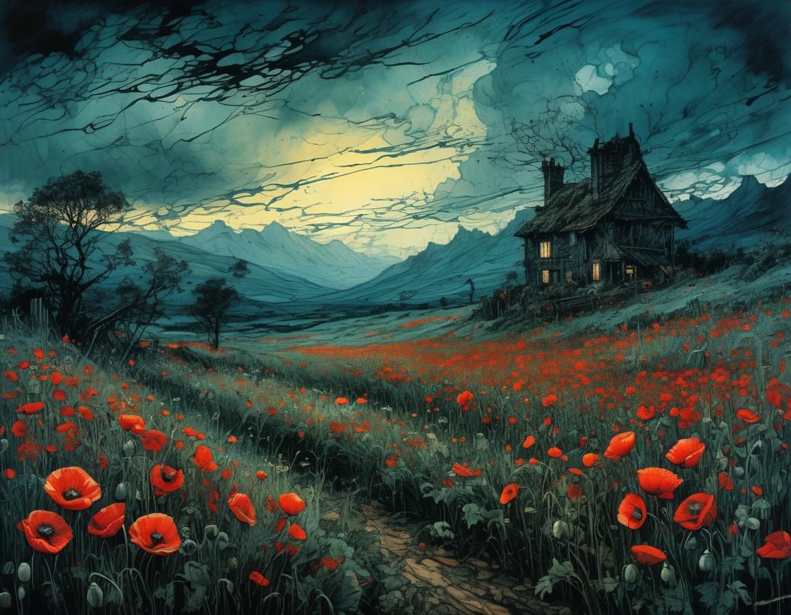 Stormy Poppy Field in Mysterious Noctilucent Light