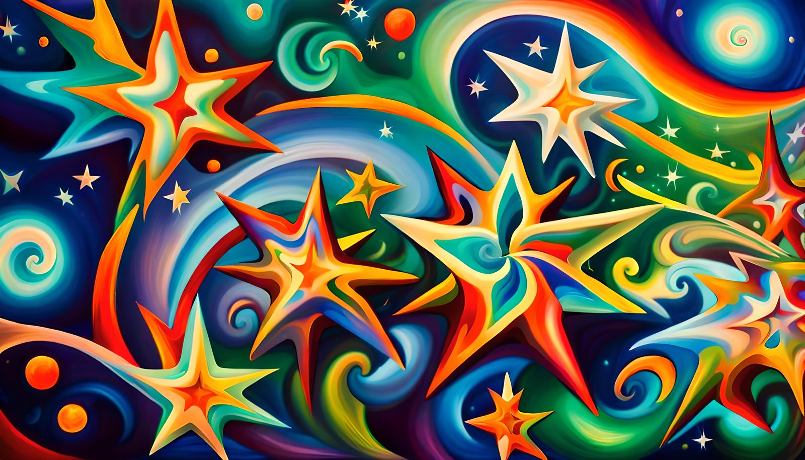 Iridescent Stars in Electromagnetic Swirl, Naive Art