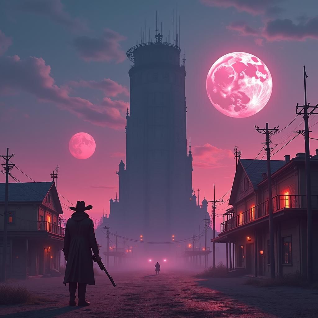 Gunslinger at the Dark Tower in Futuristic Noir Style
