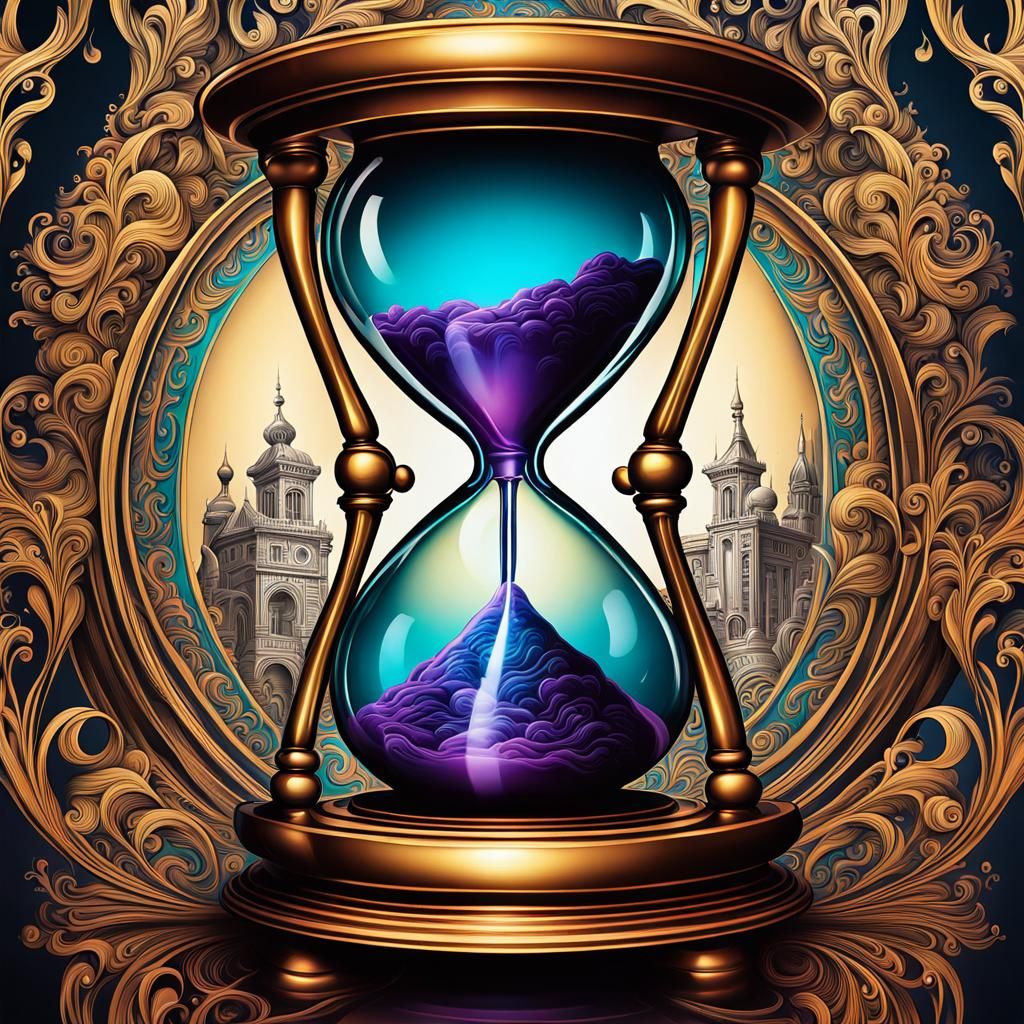 Intricate Ink Hourglass Illustration with 3D Liquid Details